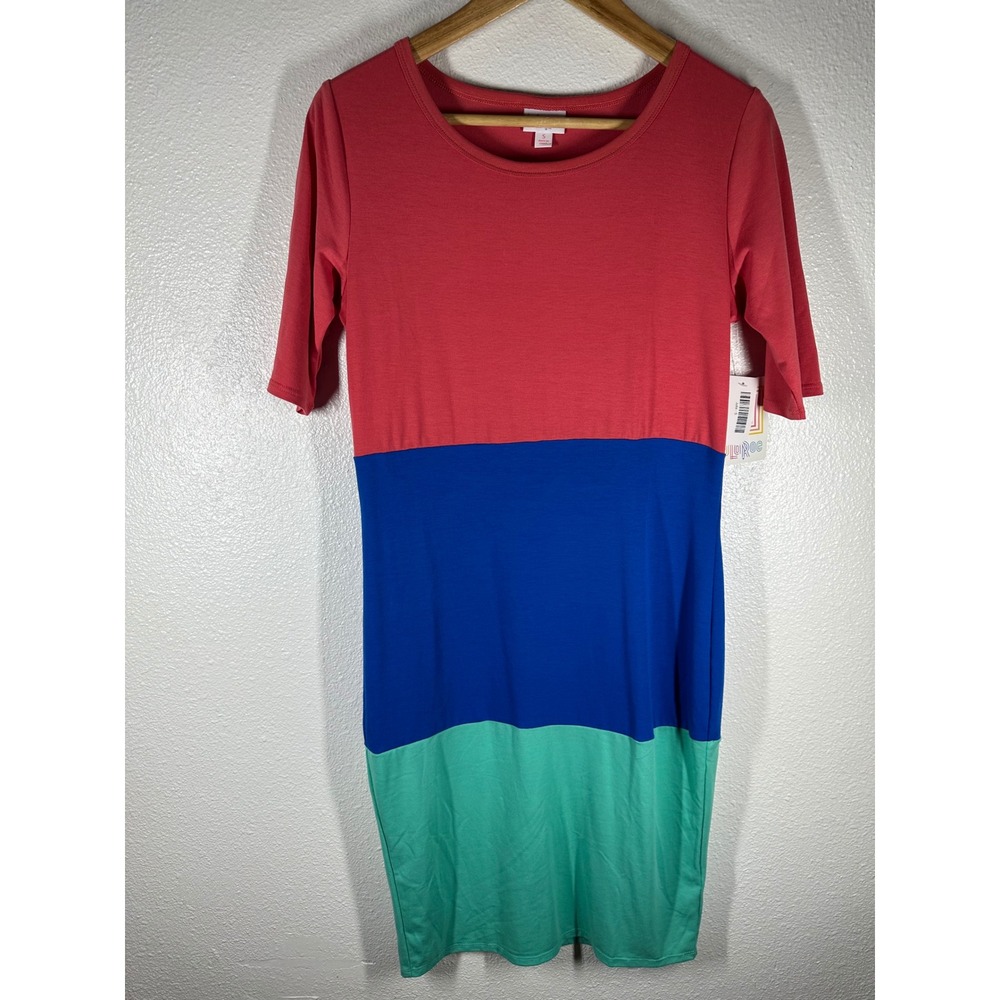 LuLaRoe Dress Womens S Red Blue Green Julia Colorblock Sheath Mid Sleeve New